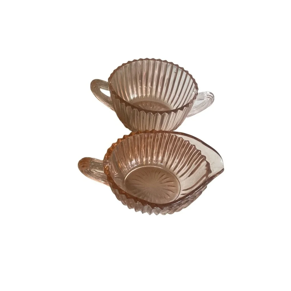 Pink Depression Pressed Glass Sugar Bowl Creamer Art Deco